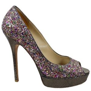 Jimmy Choo London Heels Crown Course Glitter Stiletto Platform Pumps Peep Toe